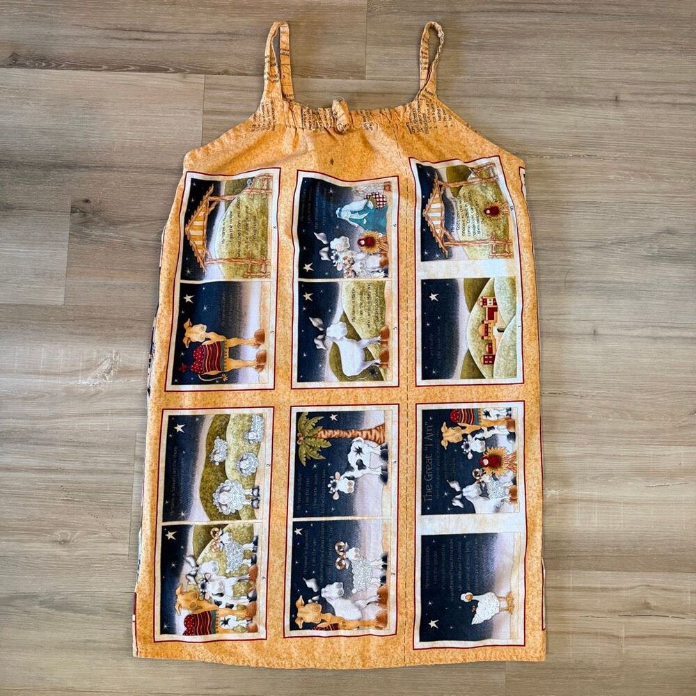 Handmade Cottagecore Folk Art Indie Nativity Scene Dress Sz L Quilt Print Boho